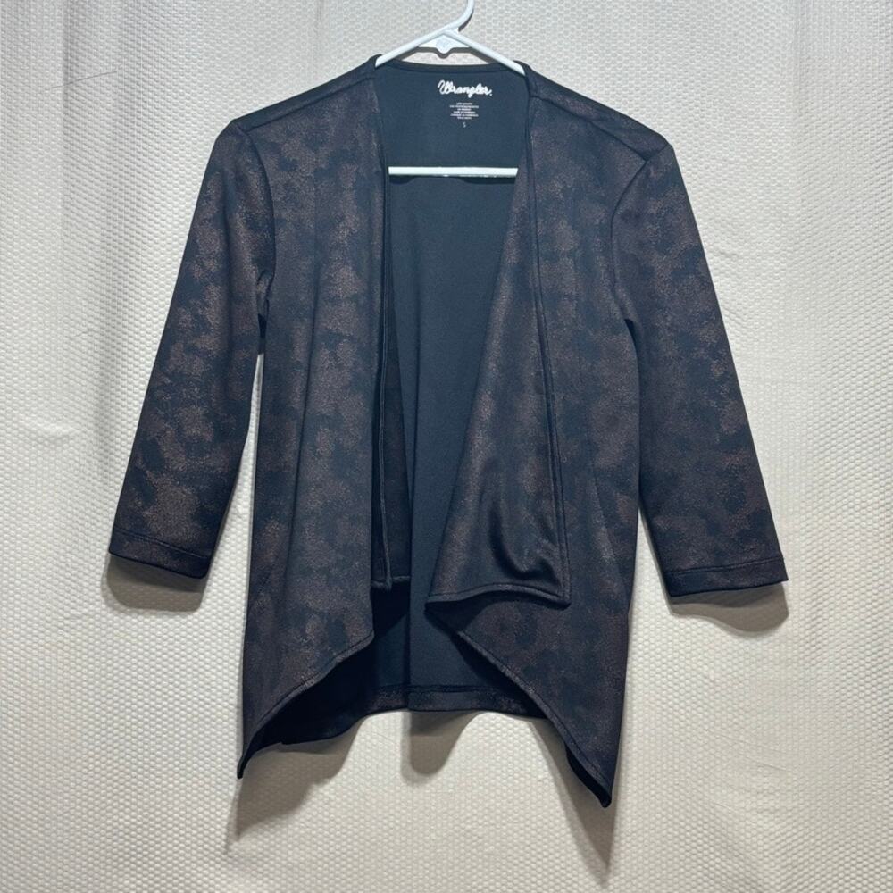 Wrangler Women's Cardigan Size S Black Bronze Shimmer Draped Open 3/4 Sleeve